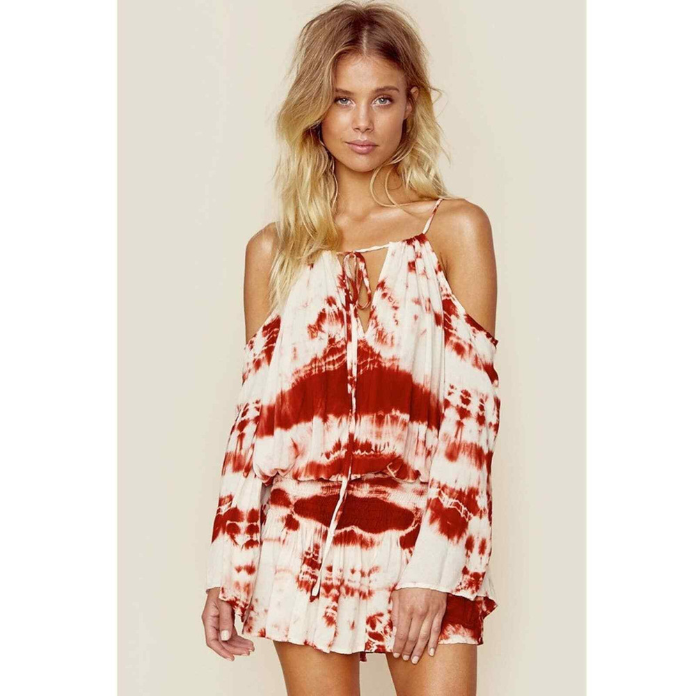 Blue Life Shirred Waist Cold Shoulder Flowing Tie Dye Dress in Spice